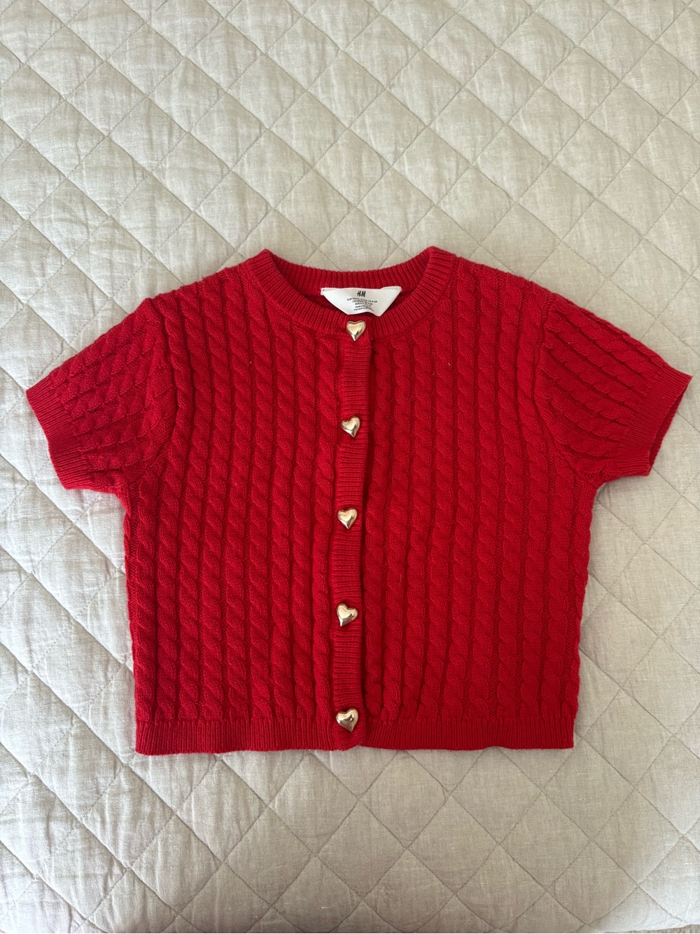 H&M Red Cable-Knit Short-Sleeve Cardigan with Heart Buttons